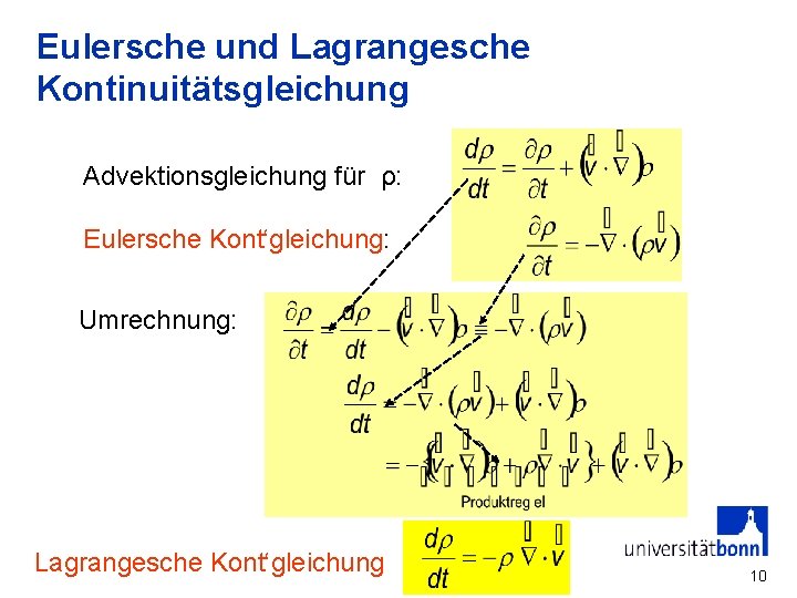 Eulersche und Lagrangesche Kontinuitätsgleichung Advektionsgleichung für ρ: Eulersche Kont‘gleichung: Umrechnung: Lagrangesche Kont‘gleichung 10 