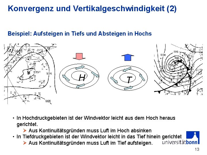 Konvergenz und Vertikalgeschwindigkeit (2) Beispiel: Aufsteigen in Tiefs und Absteigen in Hochs H T