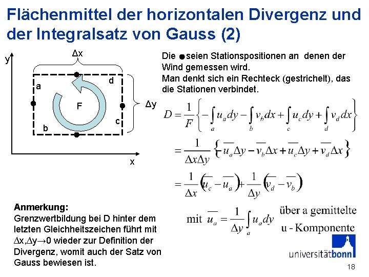 Flächenmittel der horizontalen Divergenz und der Integralsatz von Gauss (2) Δx y Die seien