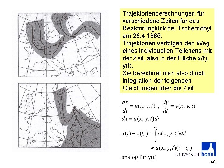 Trajektorienberechnungen für verschiedene Zeiten für das Reaktorunglück bei Tschernobyl am 26. 4. 1986. Trajektorien