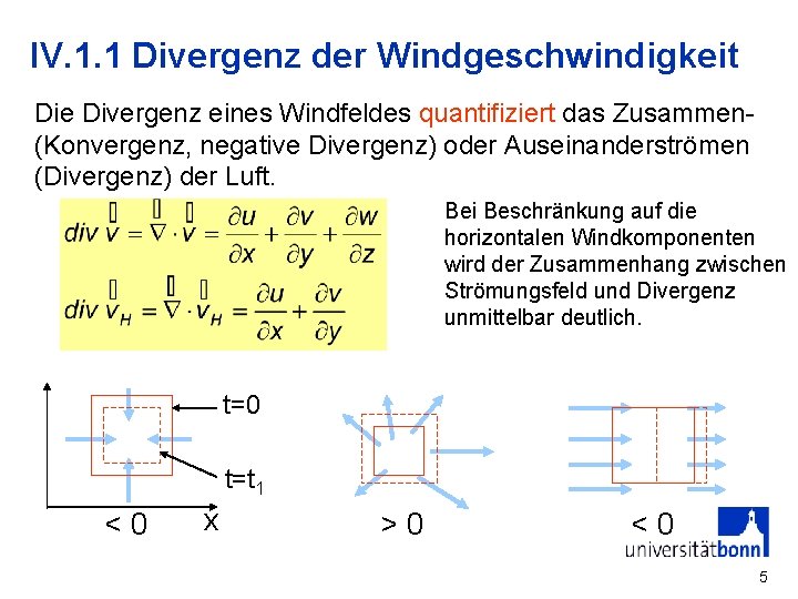 IV. 1. 1 Divergenz der Windgeschwindigkeit Die Divergenz eines Windfeldes quantifiziert das Zusammen(Konvergenz, negative