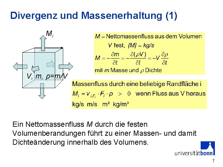 Divergenz und Massenerhaltung (1) Mi V, m, ρ=m/V Ein Nettomassenfluss M durch die festen