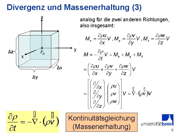 Divergenz und Massenerhaltung (3) z Δz analog für die zwei anderen Richtungen, also insgesamt: