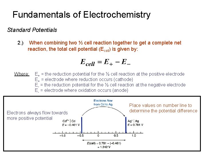 Fundamentals of Electrochemistry Standard Potentials 2. ) When combining two ½ cell reaction together
