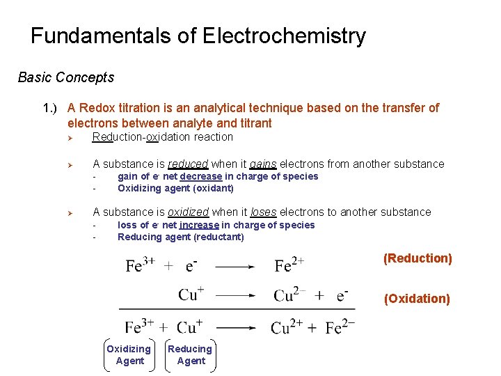 Fundamentals of Electrochemistry Basic Concepts 1. ) A Redox titration is an analytical technique