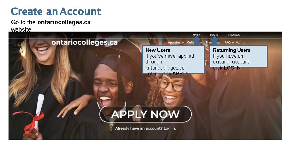 Create an Account Go to the ontariocolleges. ca website New Users If you’ve never