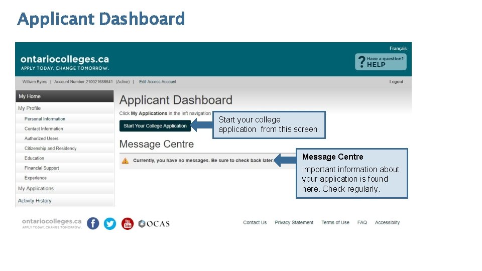 Applicant Dashboard Start your college application from this screen. Message Centre Important information about