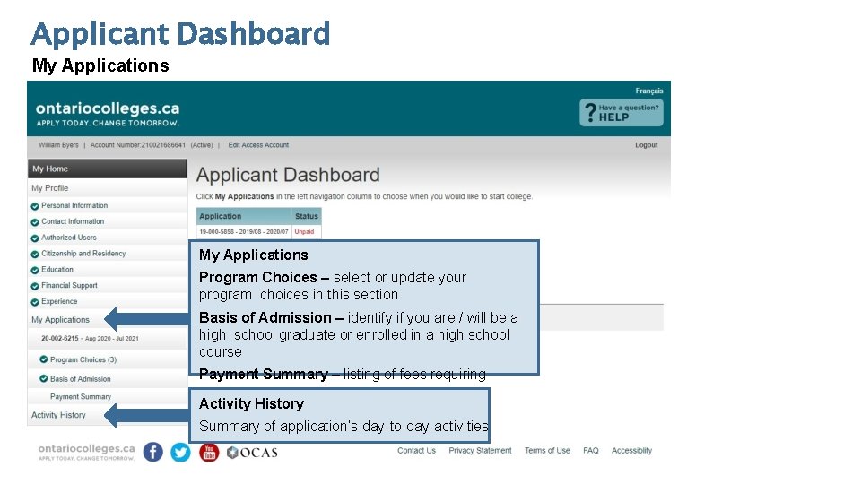 Applicant Dashboard My Applications Program Choices – select or update your program choices in