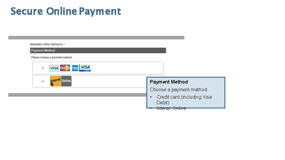Secure Online Payment Method Choose a payment method: • • Credit card (including Visa