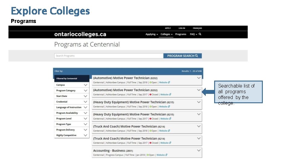 Explore Colleges Programs Searchable list of all programs offered by the college. 