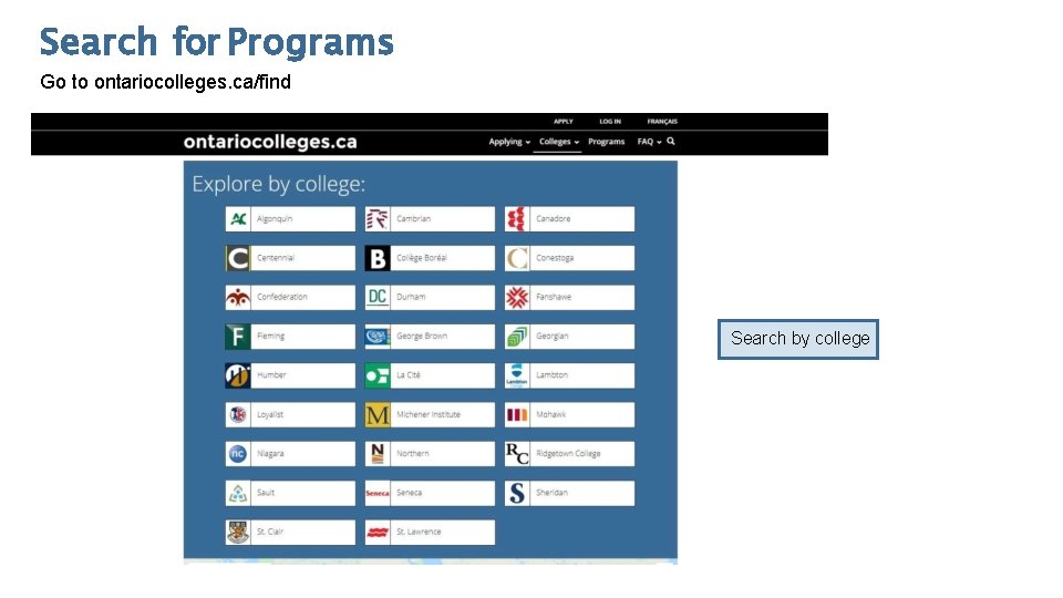 Search for Programs Go to ontariocolleges. ca/find Search by college 