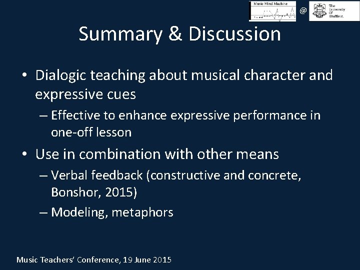 @ Summary & Discussion • Dialogic teaching about musical character and expressive cues –