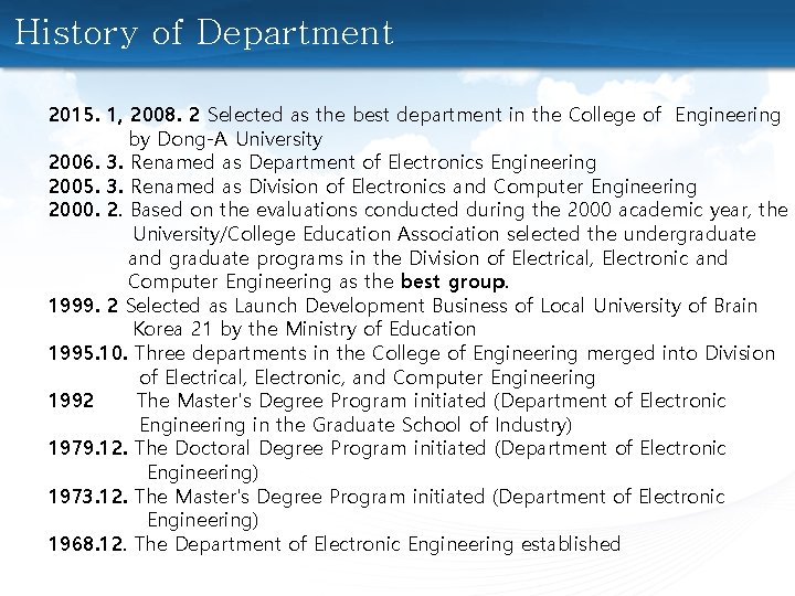 History of Department 2015. 1, 2008. 2 Selected as the best department in the