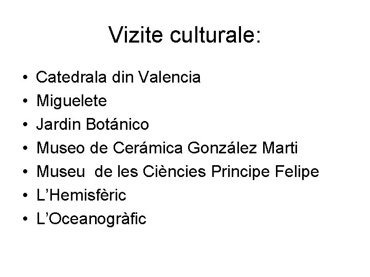 Vizite culturale: • • Catedrala din Valencia Miguelete Jardin Botánico Museo de Cerámica González