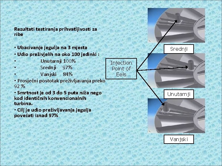 Rezultati testiranja prihvatljivosti za ribe • Ubacivanje jegulja na 3 mjesta • Udio preživjelih