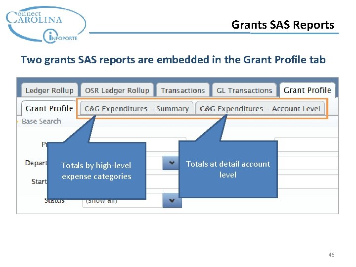 Grants SAS Reports Two grants SAS reports are embedded in the Grant Profile tab