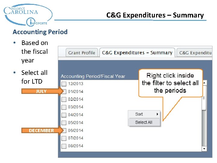 C&G Expenditures – Summary Accounting Period • Based on the fiscal year • Select