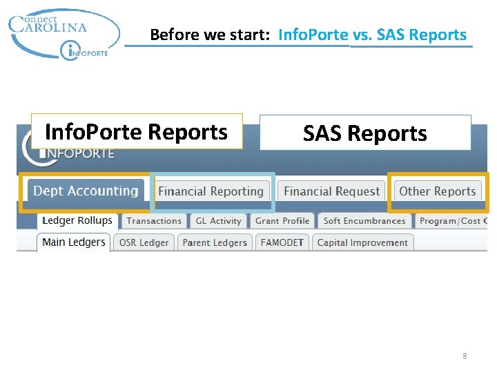 Before we start: Info. Porte vs. SAS Reports Info. Porte Reports SAS Reports 8