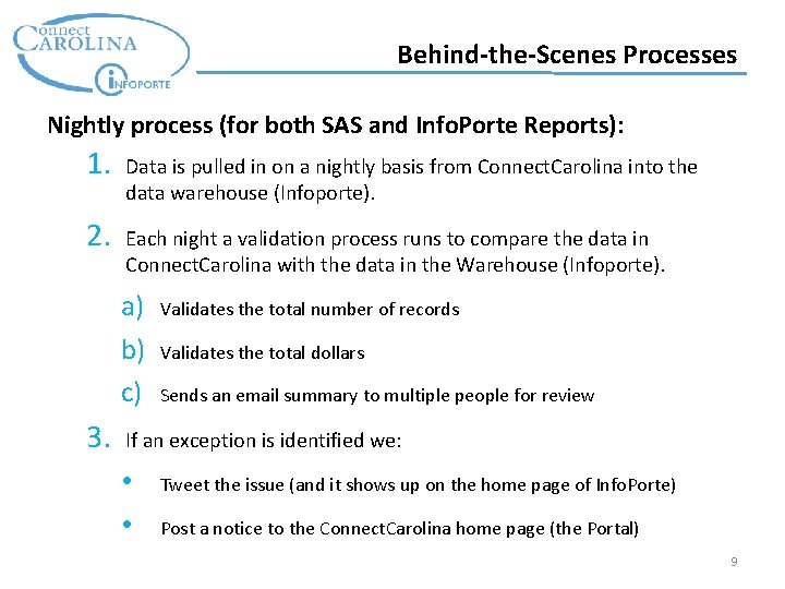 Behind-the-Scenes Processes Nightly process (for both SAS and Info. Porte Reports): 1. Data is