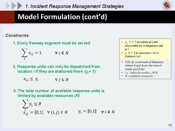 1. Incident Response Management Strategies Model Formulation (cont’d) Constraints: 1. Every freeway segment must