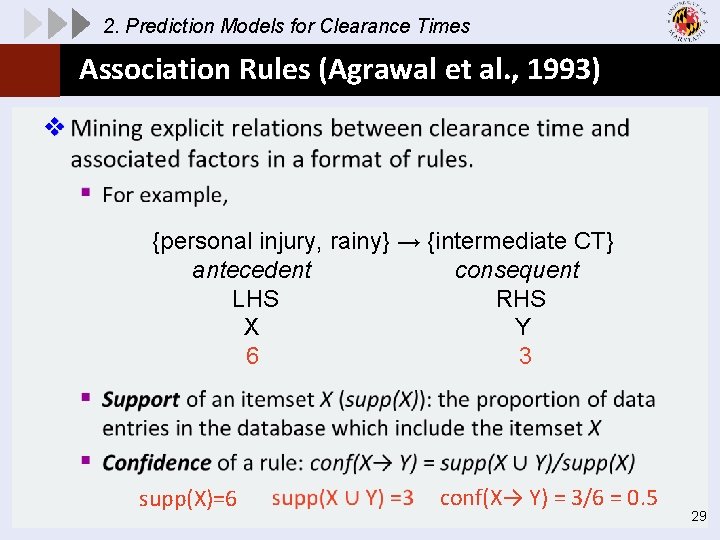 2. Prediction Models for Clearance Times Association Rules (Agrawal et al. , 1993) v