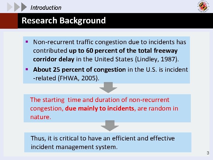 Introduction Research Background § Non-recurrent traffic congestion due to incidents has contributed up to