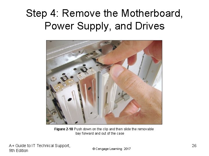 Step 4: Remove the Motherboard, Power Supply, and Drives Figure 2 -18 Push down Step 4: Remove the Motherboard, Power Supply, and Drives Figure 2 -18 Push down