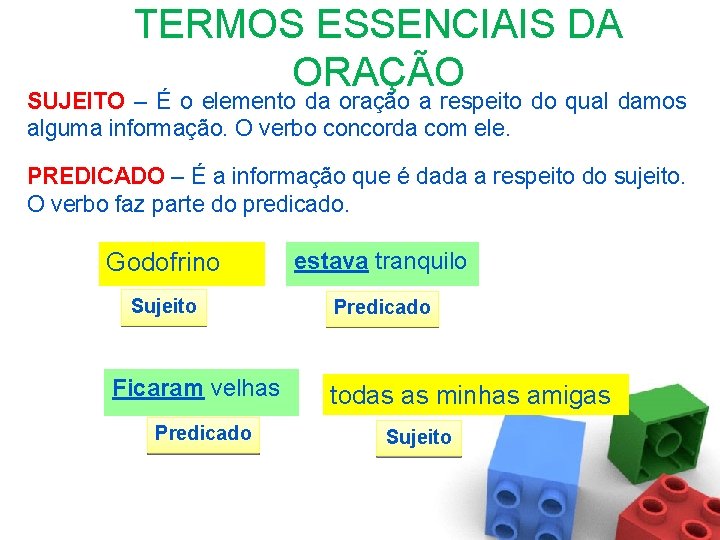 TERMOS ESSENCIAIS DA ORAÇÃO SUJEITO – É o elemento da oração a respeito do