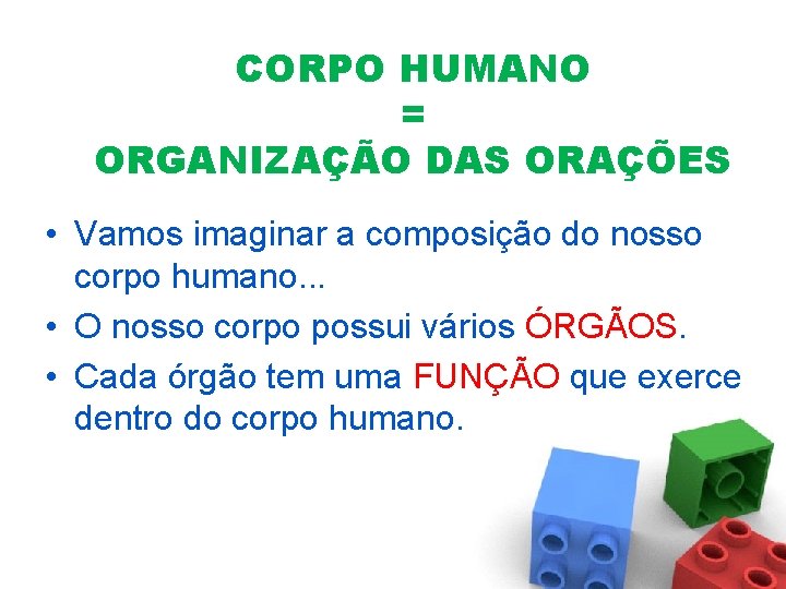 CORPO HUMANO = ORGANIZAÇÃO DAS ORAÇÕES • Vamos imaginar a composição do nosso corpo