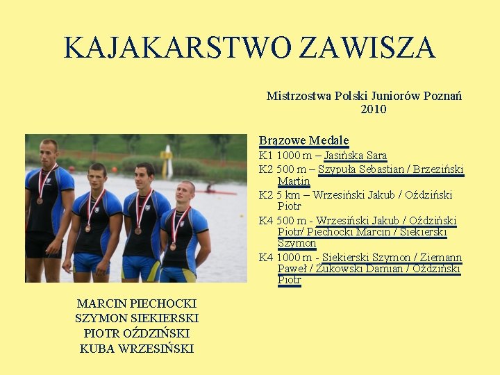 KAJAKARSTWO ZAWISZA Mistrzostwa Polski Juniorów Poznań 2010 Brązowe Medale K 1 1000 m –