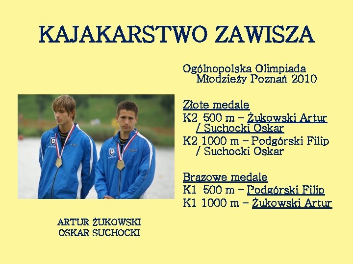 KAJAKARSTWO ZAWISZA Ogólnopolska Olimpiada Młodzieży Poznań 2010 Złote medale K 2 500 m –