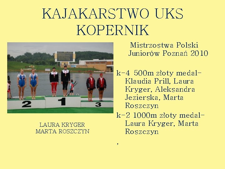 KAJAKARSTWO UKS KOPERNIK Mistrzostwa Polski Juniorów Poznań 2010 LAURA KRYGER MARTA ROSZCZYN k-4 500