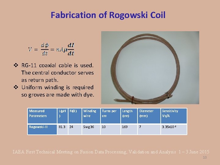Fabrication of Rogowski Coil v RG-11 coaxial cable is used. The central conductor serves
