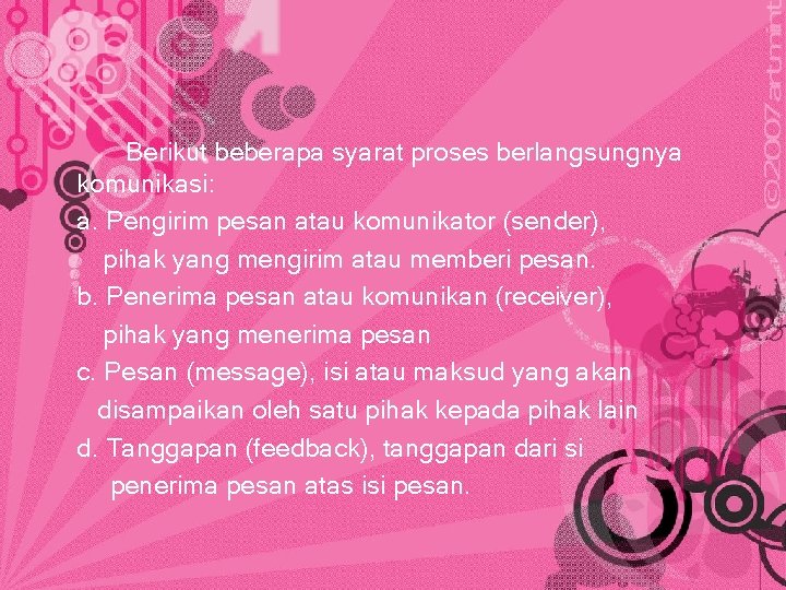 Berikut beberapa syarat proses berlangsungnya komunikasi: a. Pengirim pesan atau komunikator (sender), pihak yang