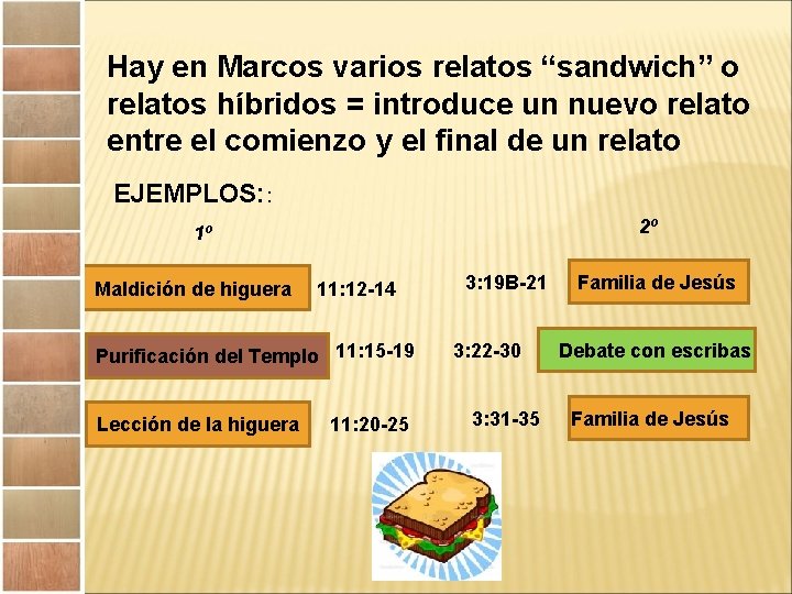 Hay en Marcos varios relatos “sandwich” o relatos híbridos = introduce un nuevo relato