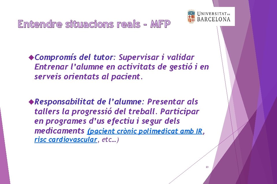 Entendre situacions reals - MFP Compromís del tutor: Supervisar i validar Entrenar l’alumne en