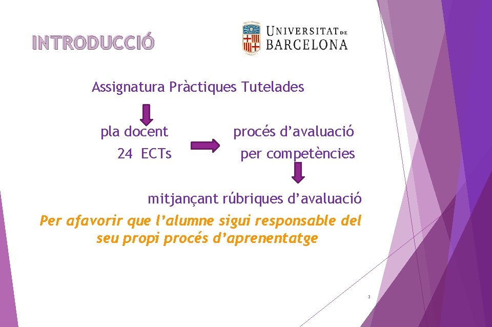 INTRODUCCIÓ Assignatura Pràctiques Tutelades pla docent procés d’avaluació 24 ECTs per competències mitjançant rúbriques