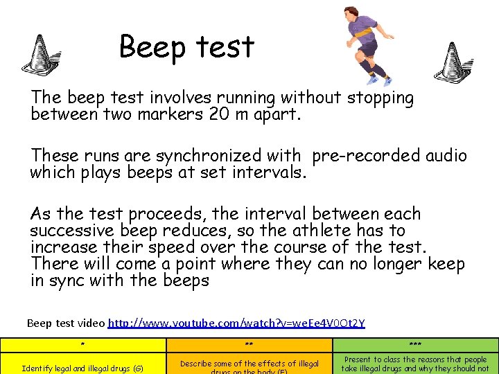 Beep test The beep test involves running without stopping between two markers 20 m