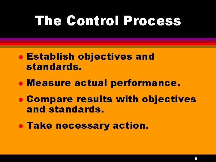 The Control Process l l Establish objectives and standards. Measure actual performance. Compare results