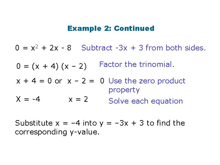 Example 2: Continued 0 = x 2 + 2 x - 8 Subtract -3