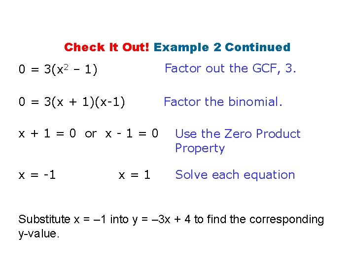 Check It Out! Example 2 Continued 0 = 3(x 2 – 1) Factor out