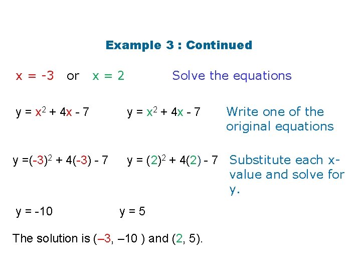 Example 3 : Continued x = -3 or Solve the equations x=2 Write one