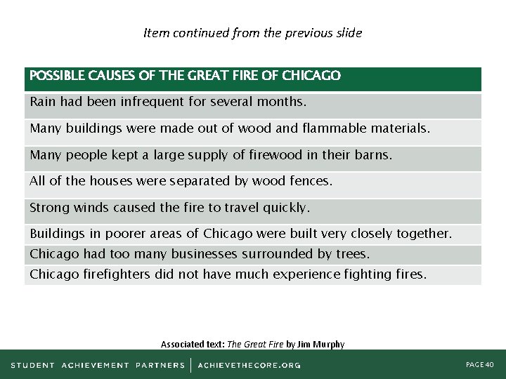 Item continued from the previous slide POSSIBLE CAUSES OF THE GREAT FIRE OF CHICAGO