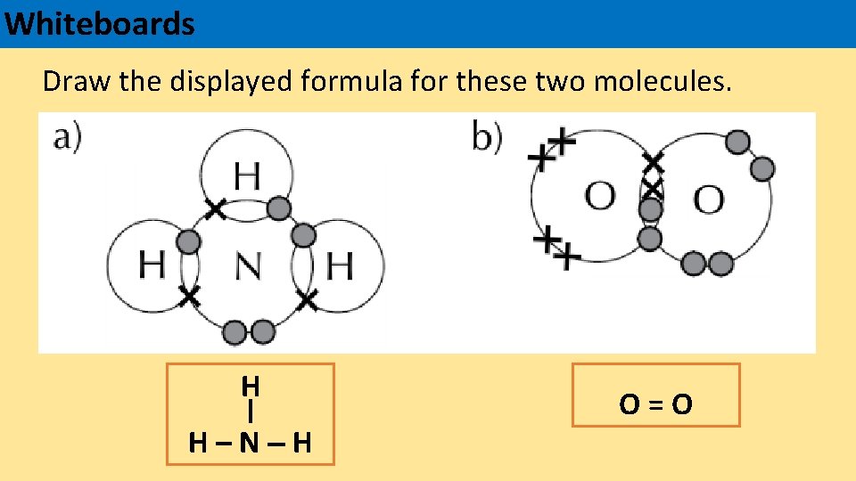 Whiteboards Draw the displayed formula for these two molecules. H H–N–H O=O 