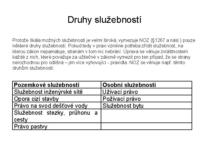 Druhy služebností Protože škála možných služebností je velmi široká, vymezuje NOZ (§ 1267 a