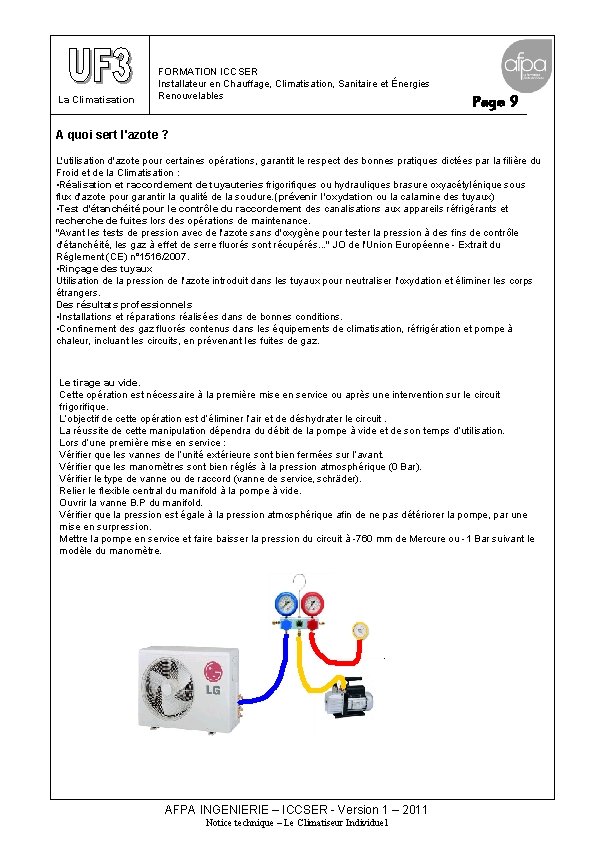 La Climatisation FORMATION ICCSER Installateur en Chauffage, Climatisation, Sanitaire et Énergies Renouvelables Page 9