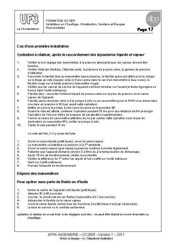 La Climatisation FORMATION ICCSER Installateur en Chauffage, Climatisation, Sanitaire et Énergies Renouvelables Page 17