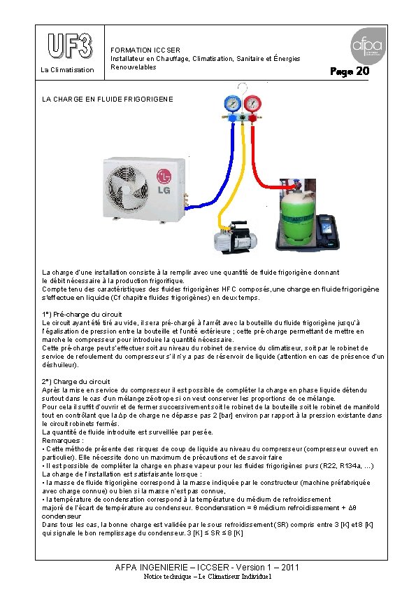 La Climatisation FORMATION ICCSER Installateur en Chauffage, Climatisation, Sanitaire et Énergies Renouvelables Page 20