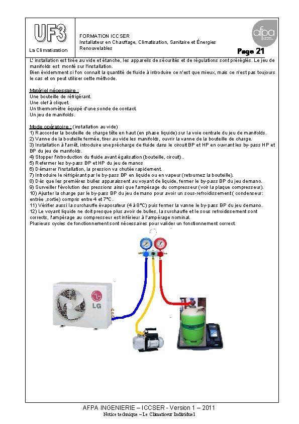 La Climatisation FORMATION ICCSER Installateur en Chauffage, Climatisation, Sanitaire et Énergies Renouvelables Page 21