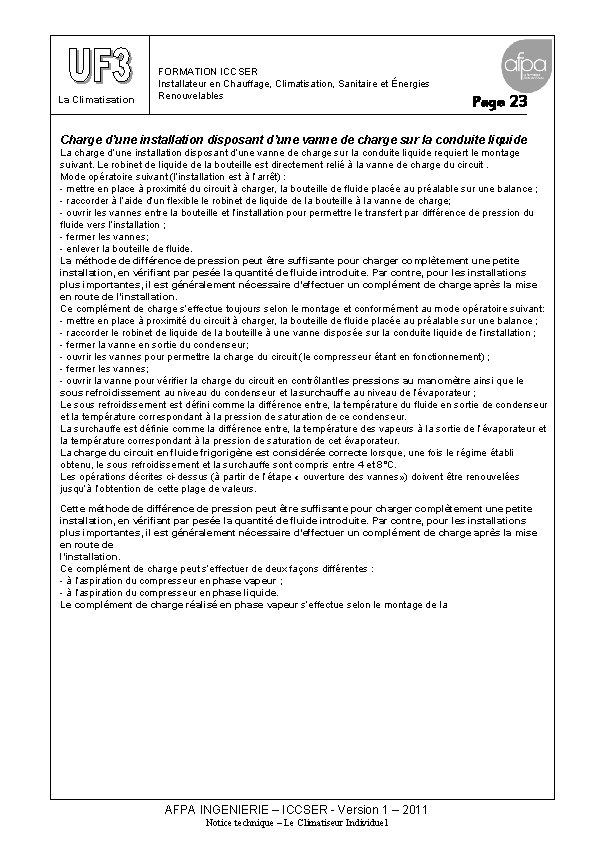 La Climatisation FORMATION ICCSER Installateur en Chauffage, Climatisation, Sanitaire et Énergies Renouvelables Page 23